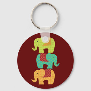 Ethnic Elephants with Flowers on Maroon Red Key Ring