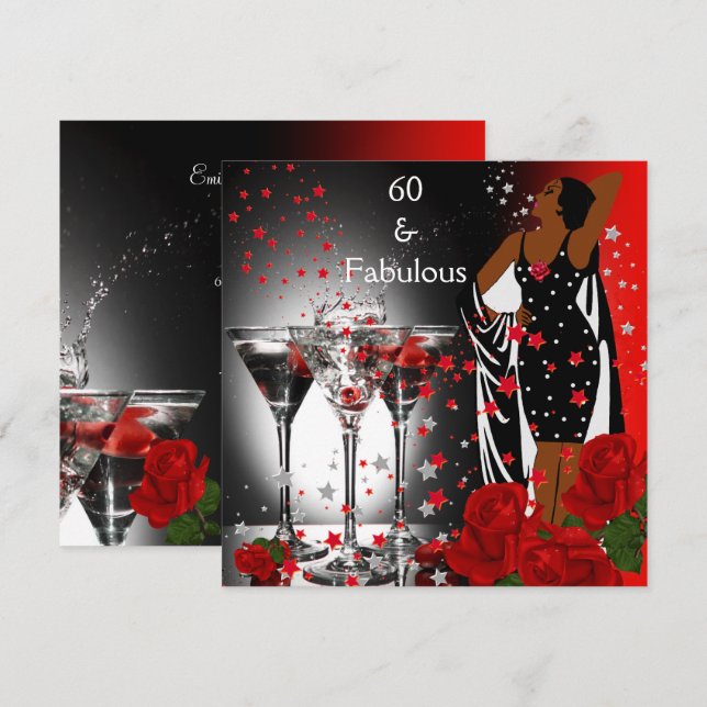 Ethnic Fabulous 60th Birthday Red Roses Martini Invitation (Front/Back)