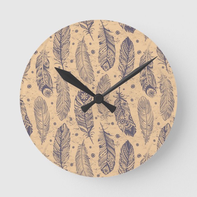 Ethnic Feather Outline Pattern Round Clock (Front)