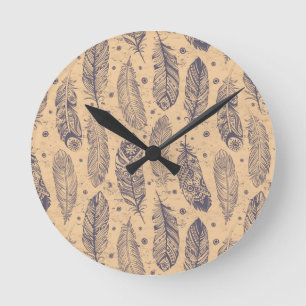 Ethnic Feather Outline Pattern Round Clock