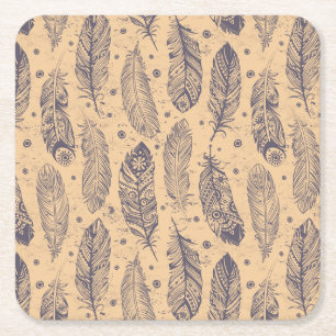 Ethnic Feather Outline Pattern Square Paper Coaster