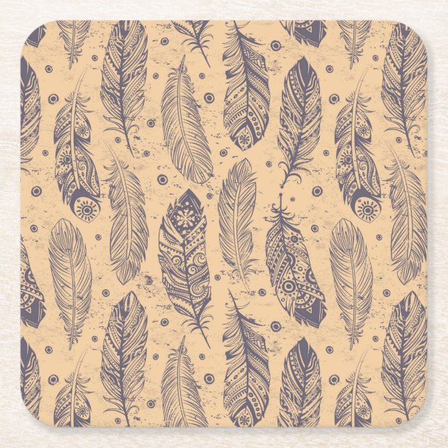 Ethnic Feather Outline Pattern Square Paper Coaster (Front)