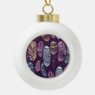 Ethnic feathers: black and white pattern ceramic ball christmas ornament