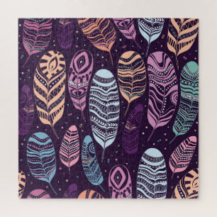 Ethnic feathers: black and white pattern jigsaw puzzle