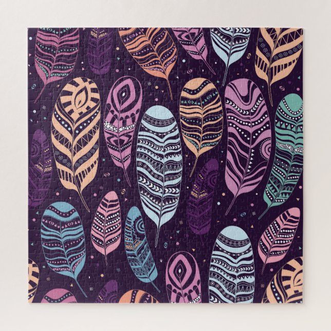 Ethnic feathers: black and white pattern jigsaw puzzle (Vertical)
