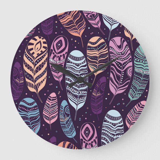 Ethnic feathers: black and white pattern large clock (Front)