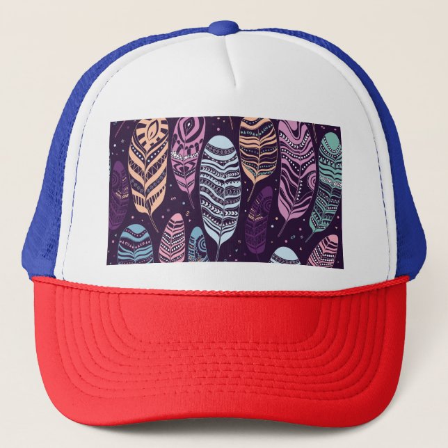Ethnic feathers: black and white pattern trucker hat (Front)