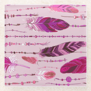 Ethnic Feathers: Bright Coloured Pattern. Glass Coaster