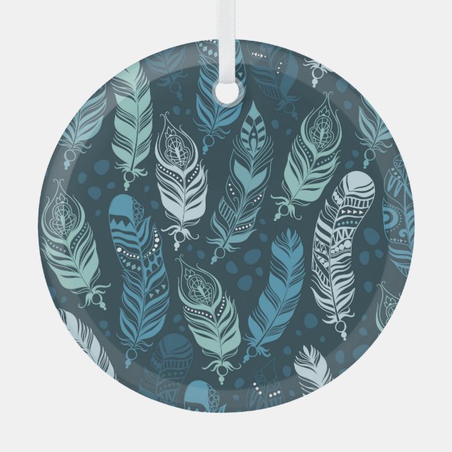 Ethnic Feathers: Colourful Seamless Pattern. Glass Tree Decoration (Front)