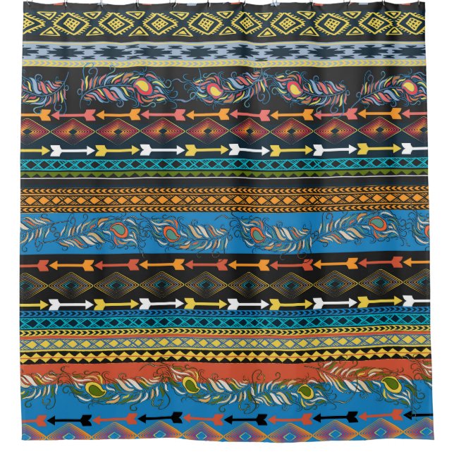 Ethnic Feathers: Embroidery Boho Chic Shower Curtain (Front)