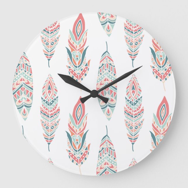 Ethnic Feathers Hand Drawn Illustration Large Clock (Front)