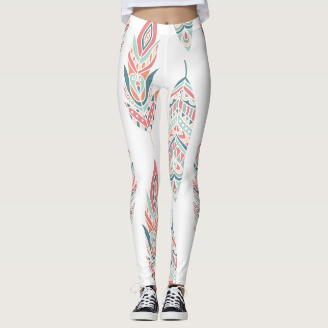 Ethnic Feathers Hand Drawn Illustration Leggings (Front)