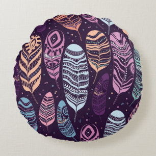 Ethnic feathers seamless pattern. round cushion
