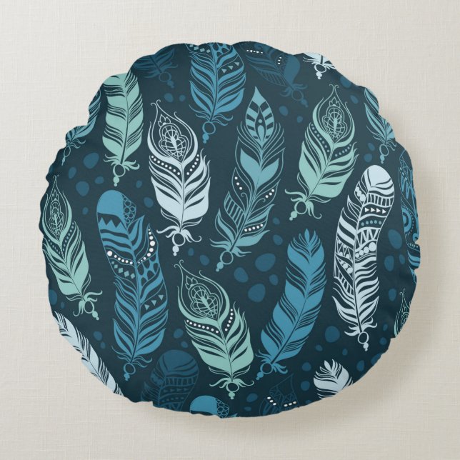 Ethnic feathers seamless pattern round cushion (Front)