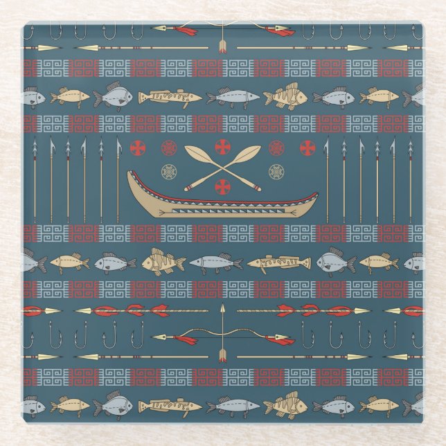 Ethnic Fishing Pattern Glass Coaster (Front)
