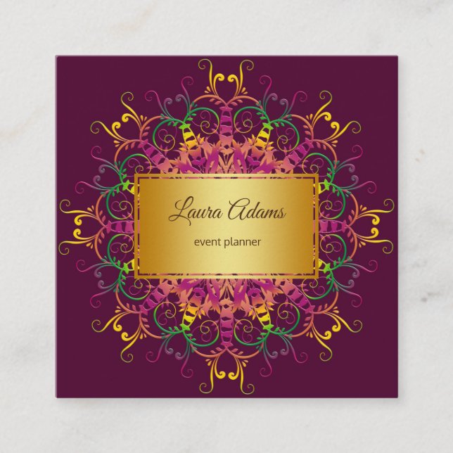 Ethnic floral mandala.Golden frame. Square Business Card (Front)