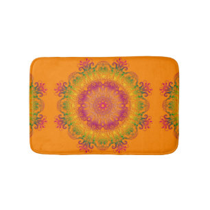 Ethnic floral mandala on orange background. bath mat