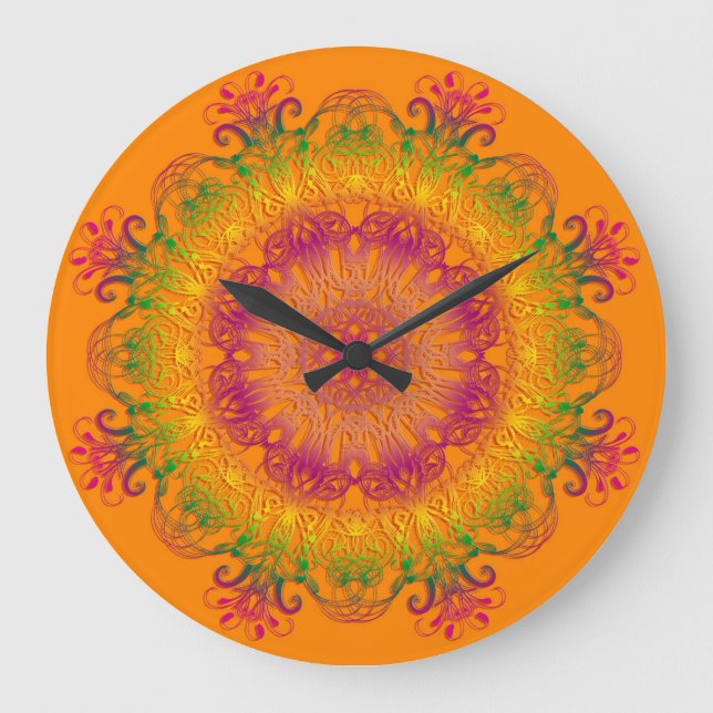 Ethnic floral mandala on orange background. large clock (Front)