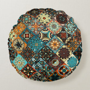 Ethnic floral mandala seamless pattern. Colourful Round Cushion