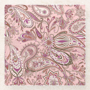 Ethnic Floral: Oriental Paisley Design. Glass Coaster