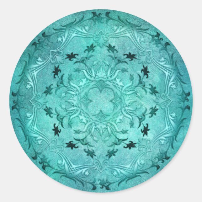 Ethnic floral turquoise grunge mandala classic round sticker (Front)