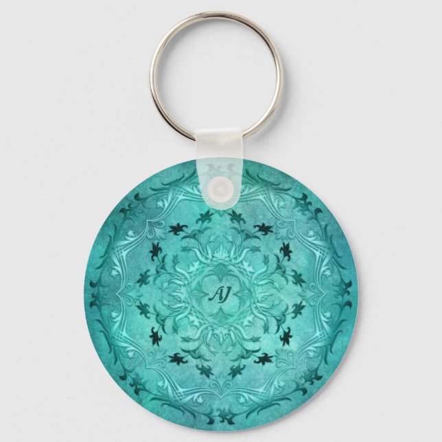 Ethnic floral turquoise grunge mandala key ring (Front)