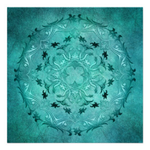 Ethnic floral turquoise grunge mandala. poster