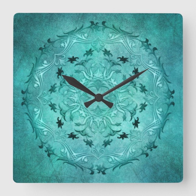 Ethnic floral turquoise grunge mandala square wall clock (Front)