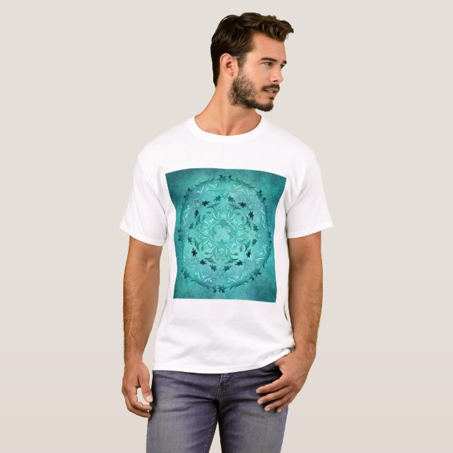 Ethnic floral turquoise grunge mandala T-Shirt (Front Full)