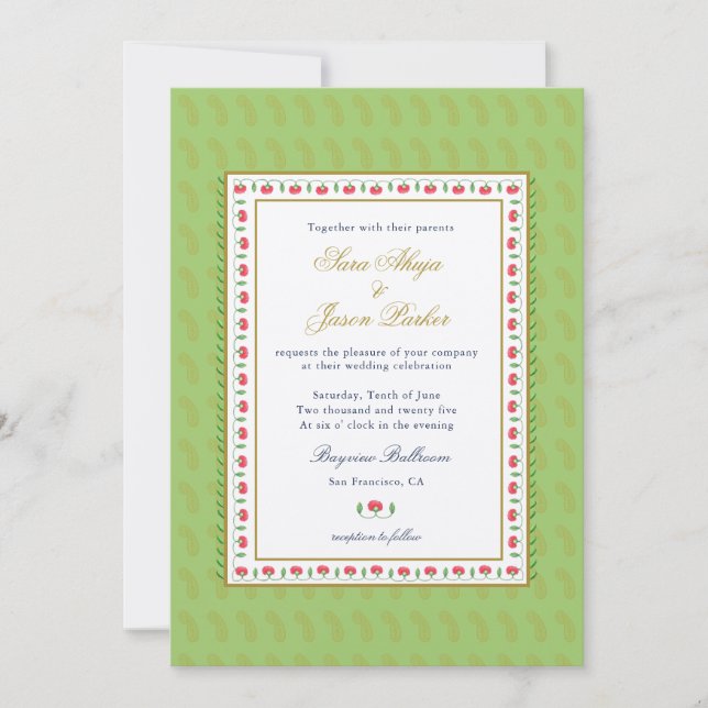Ethnic Flower border Mint green Indian wedding  Invitation (Front)