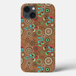 Ethnic folk abstract floral pattern retro brown iPhone 13 case
