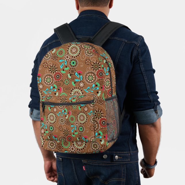 Ethnic folk abstract floral pattern retro brown printed backpack (Insitu (Model))