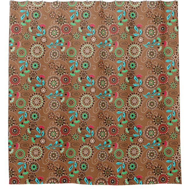Ethnic folk abstract floral pattern retro brown shower curtain (Front)
