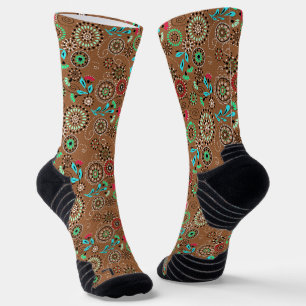 Ethnic folk abstract floral pattern retro brown socks