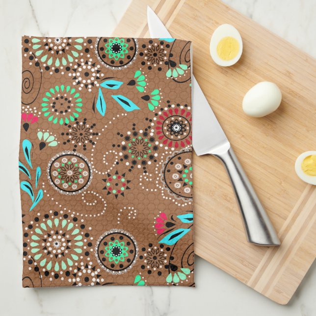 Ethnic folk abstract floral pattern retro brown tea towel (Quarter Fold)