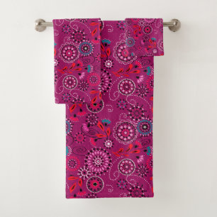 Ethnic folk abstract floral pattern retro crimson bath towel set