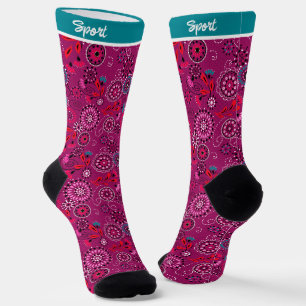 Ethnic folk abstract floral pattern retro crimson  socks