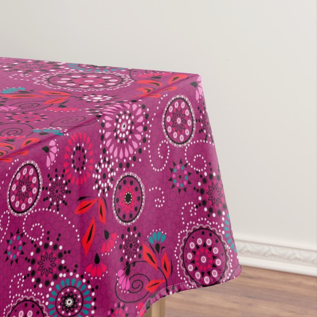 Ethnic folk abstract floral pattern retro crimson  tablecloth (In Situ)