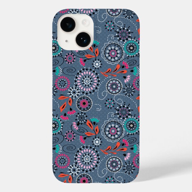 Ethnic folk abstract floral pattern retro grey blu Case-Mate iPhone case (Back)