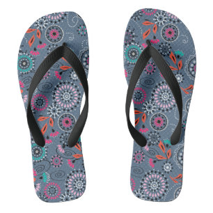 Ethnic folk abstract floral pattern retro grey blu flip flops