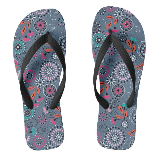 Ethnic folk abstract floral pattern retro grey blu flip flops (Footbed)