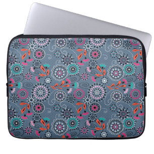 Ethnic folk abstract floral pattern retro grey blu laptop sleeve