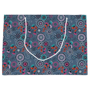 Ethnic folk abstract floral pattern retro grey blu large gift bag