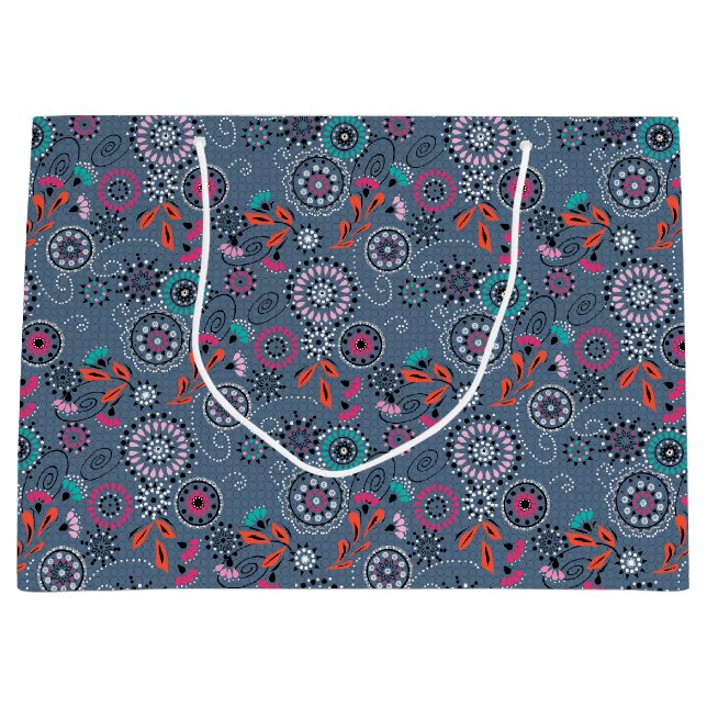 Ethnic folk abstract floral pattern retro grey blu large gift bag (Front)