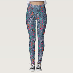 Ethnic folk abstract floral pattern retro grey blu leggings
