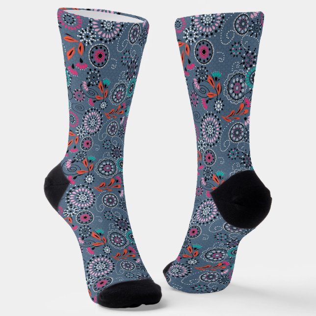 Ethnic folk abstract floral pattern retro grey blu socks (Angled)