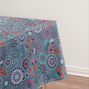 Ethnic folk abstract floral pattern retro grey blu tablecloth