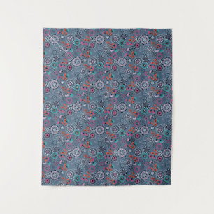 Ethnic folk abstract floral pattern retro grey blu tapestry