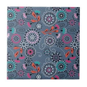 Ethnic folk abstract floral pattern retro grey blu tile
