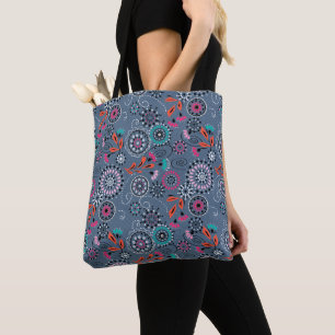 Ethnic folk abstract floral pattern retro grey blu tote bag